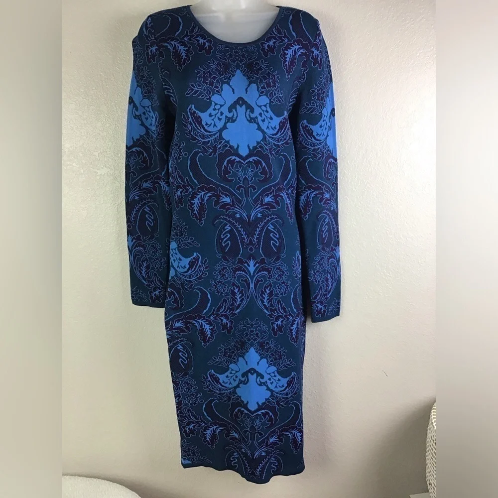 Felicity & Coco Jacquard Sweater Body-Con Dress In Teal Blue/Purple Women Large